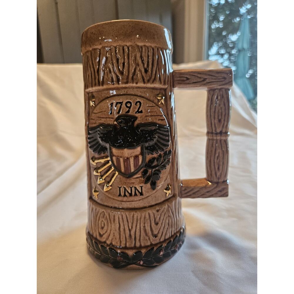 Handmade 1977 Ceramic Beer Stein Wood Look Eagle Shield 1792 Pottery Mug 8.5”
